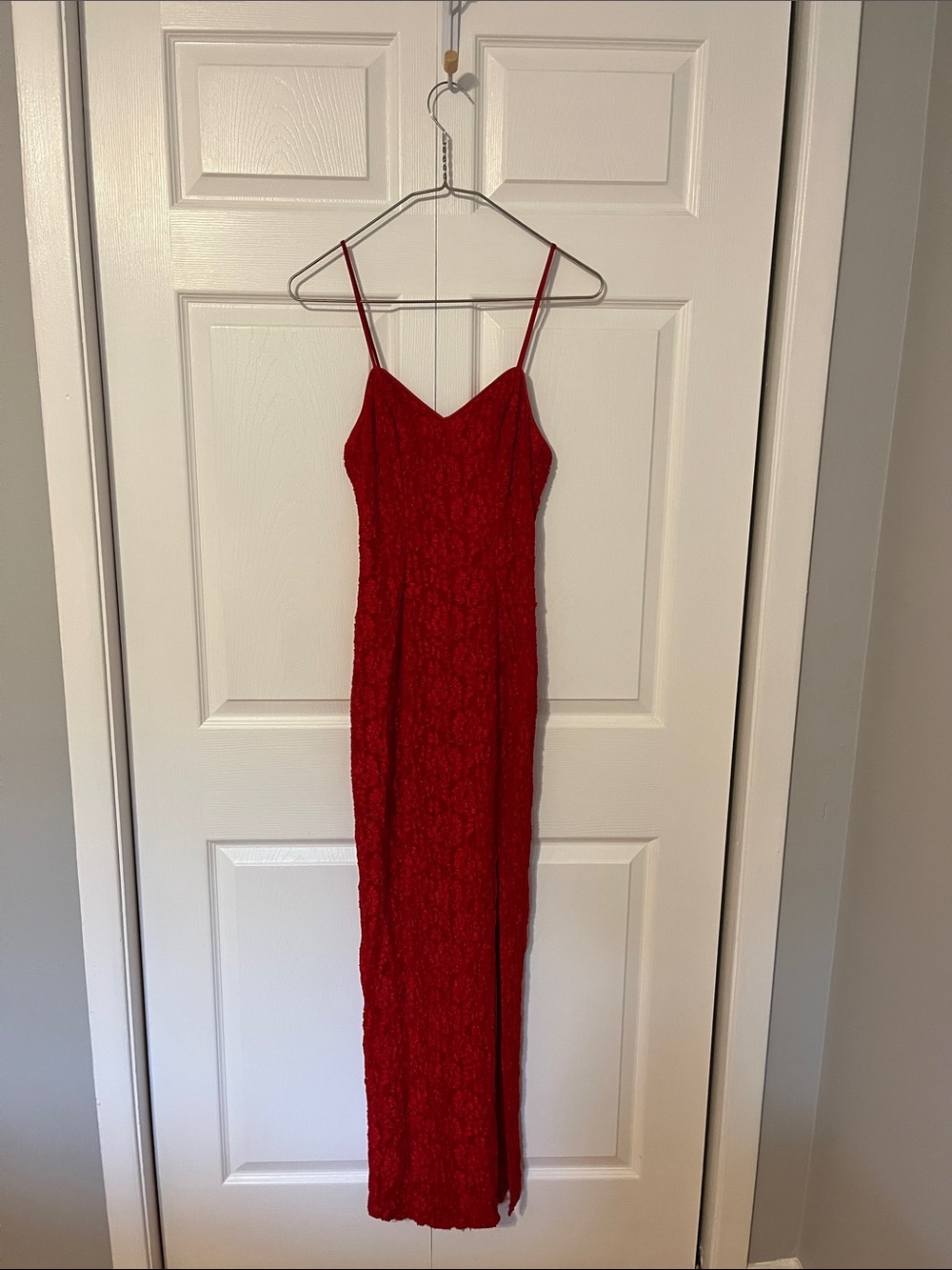 Red Lace Slip Maxi Dress with Spaghetti Straps